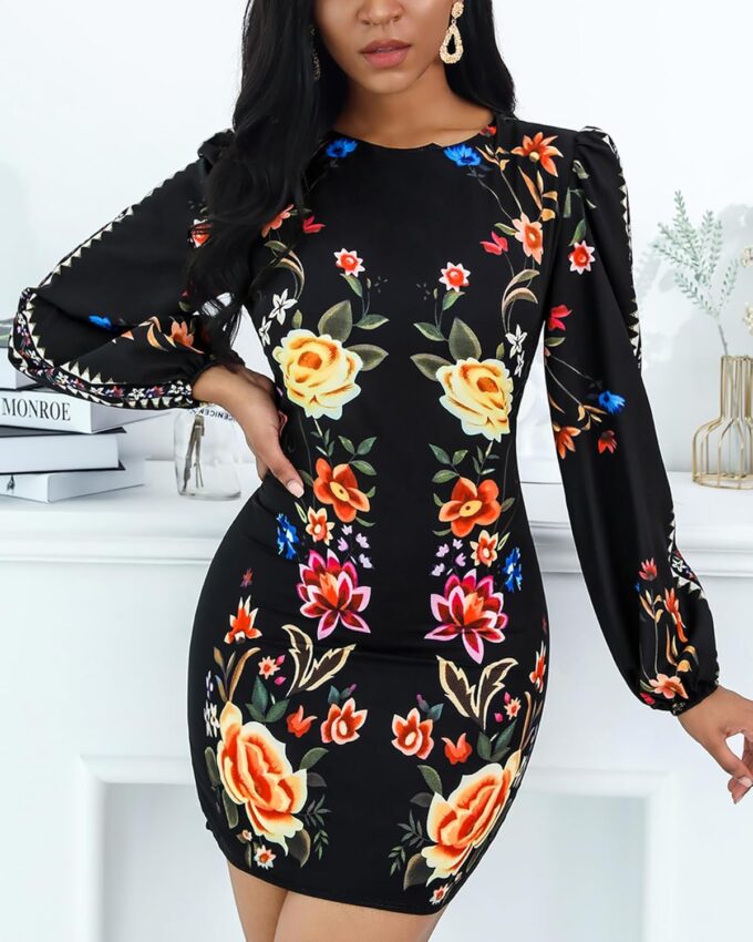 Women's Floral Print Bodycon Dress Lantern Long Sleeve Round Neck Waist Cutout Guest Cocktail Midi Dresses – Bild 2