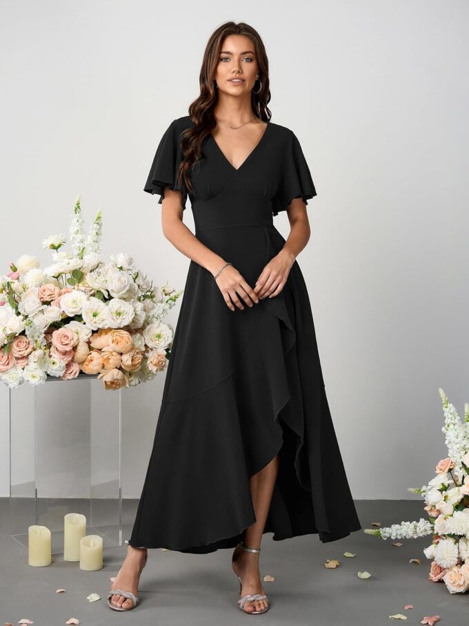 SCOMCHIC Women Wedding Guest Dresses Formal Evening Party Cocktail Short Sleeve V Neck Ruffle Split Flowy Maxi Dress – Bild 2