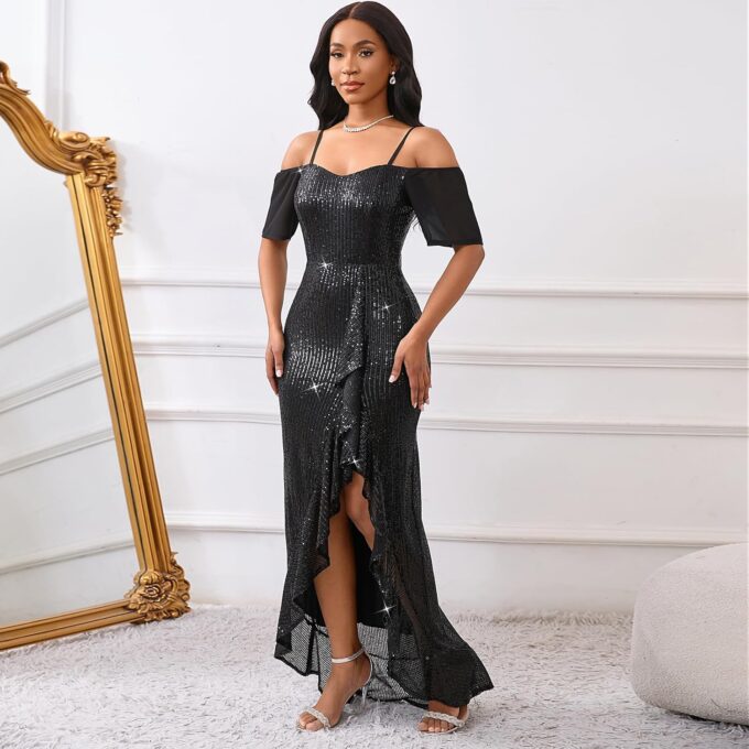 Women Sexy Off Shoulder Bodycon Ruffle Split Hem Maxi Cocktail Party Evvening Night Out Dress Black – Bild 3