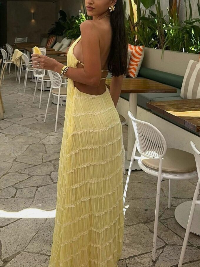 Women Summer Halter Neck Maxi Dress Flowy Ruffle Tiered Sleeveless Sundress Boho Backless Spaghetti Strap Long Dress – Bild 3