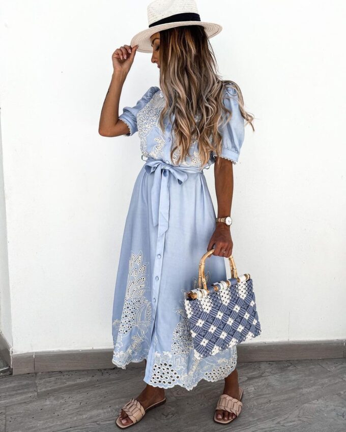 utcoco Women's Embroidered Eyelet Shirt Dresses Belted Puff Sleeve Button Down Swing Boho Cotton Maxi Shirt Dress – Bild 4