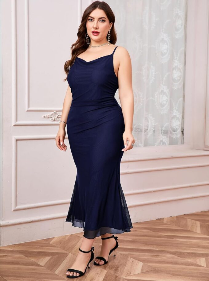 CYCLAMEN Plus Size Mesh Mermaid Dress Ruched Spaghetti Strap Fitted Sleeveless Cami Dresses Cocktail Party Wedding Guest – Bild 5