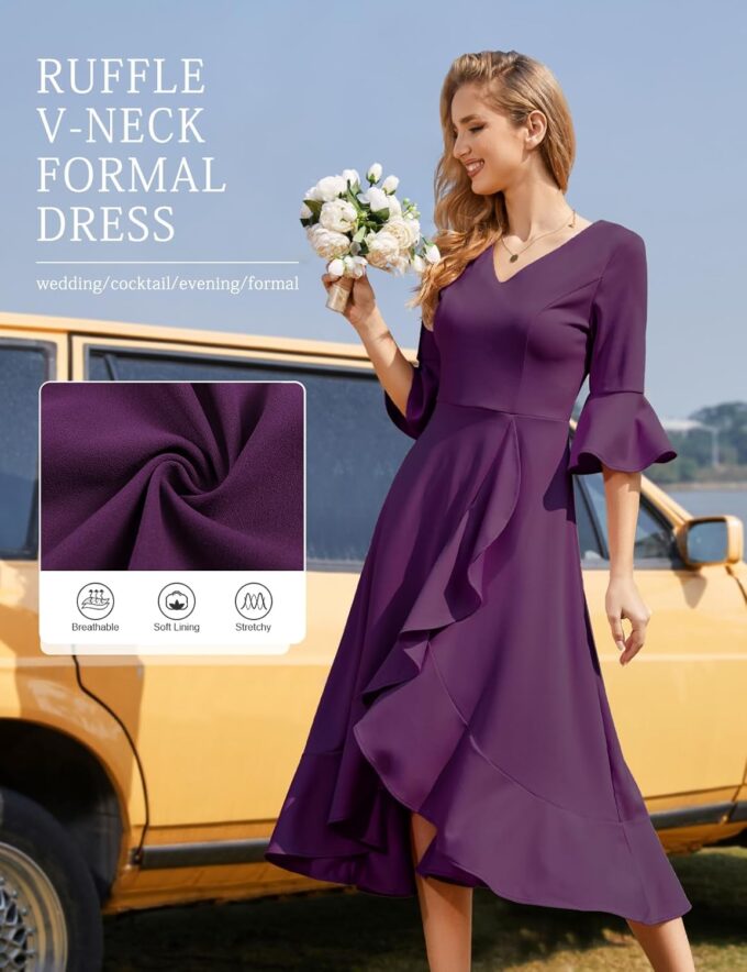HomRain Women's Wedding Guest Dress Elegant Formal Cocktail Bell Sleeve Dress for Prom Homecoming Tea Party – Bild 5