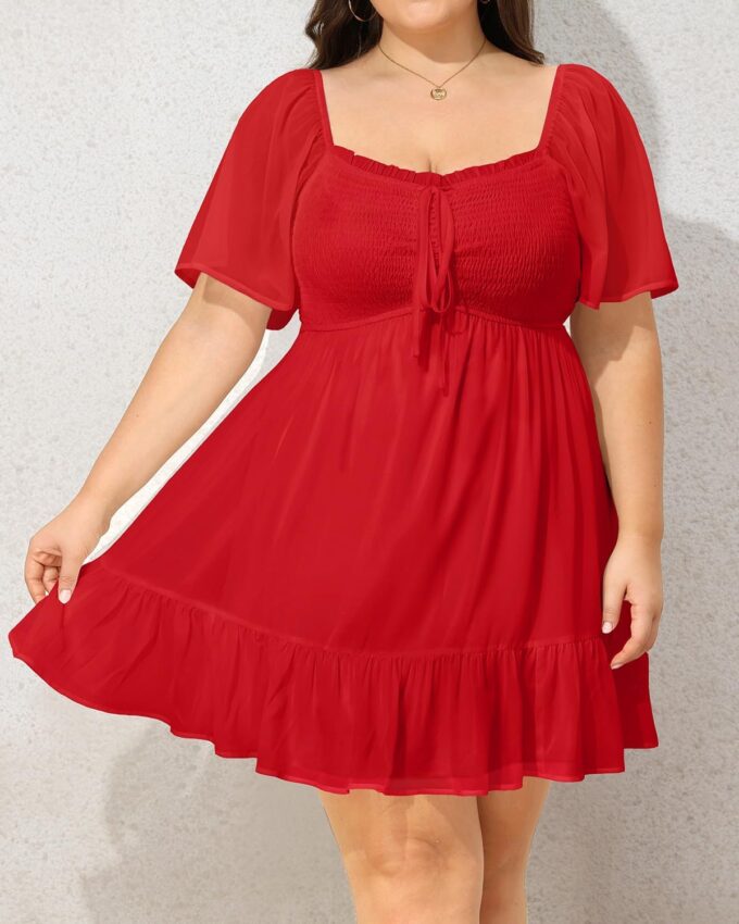 Plus Size Women's Sweetheart Neckline Dress Smocked Short Summer Sundress Chiffon Mini Cute Graduation Dresses – Bild 4