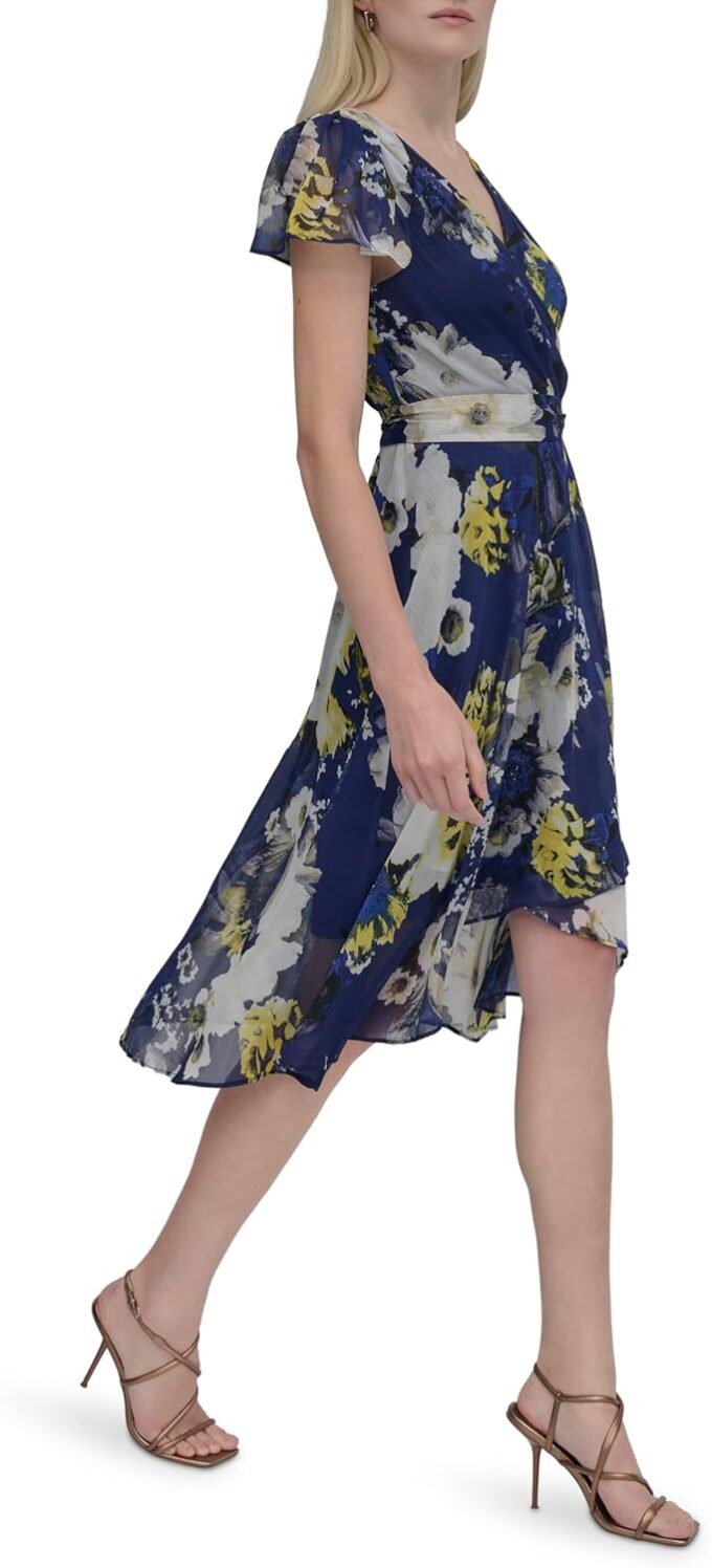 DKNY Women's Flutter Sleeve Surplice Tie Fit & Flare Midi Dress – Bild 3