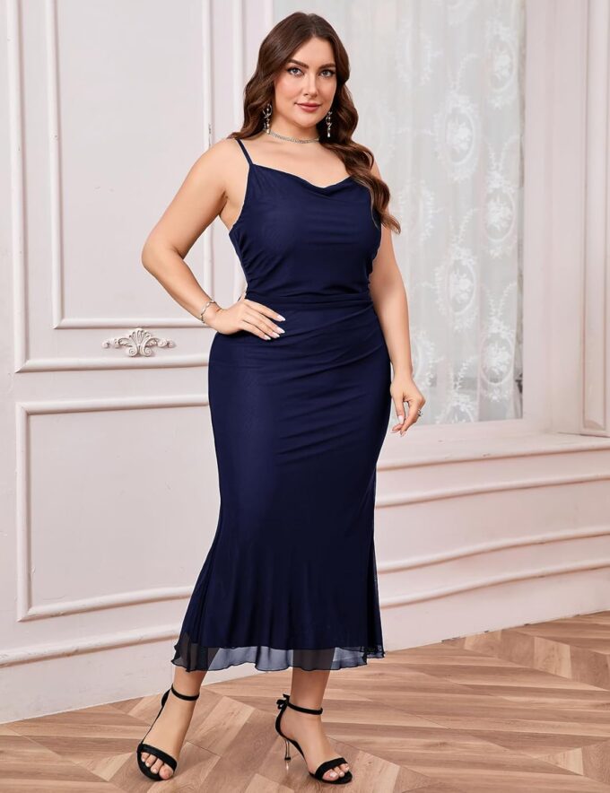 CYCLAMEN Plus Size Mesh Mermaid Dress Ruched Spaghetti Strap Fitted Sleeveless Cami Dresses Cocktail Party Wedding Guest – Bild 6