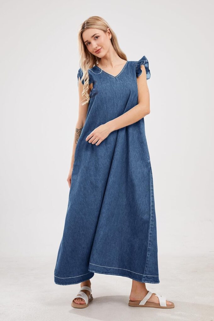 utcoco Womens Long Denim Dress Casual Loose Fit Ruffle Sleeveless V-Neck Jean Maxi Dresses for Women 2025 – Bild 2