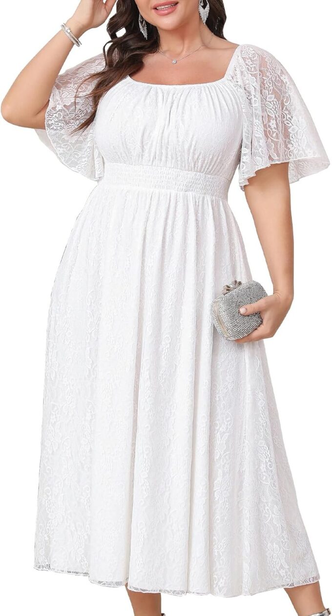 Women's Plus Size Wedding Guest Dress Lace Square Neck Short Sleeve Flowy A Line Formal Maxi Dresses