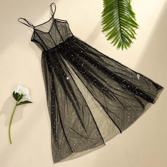 GRAEEN Black See Through Dress Sheer Mesh Rave Outfits Long Dresses for Women – Bild 7
