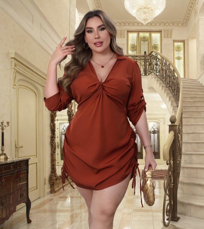 Women‘s Plus Size Dress Long Sleeve V Neck A Line Mini Short Cocktail Summer Casual Dress – Bild 2
