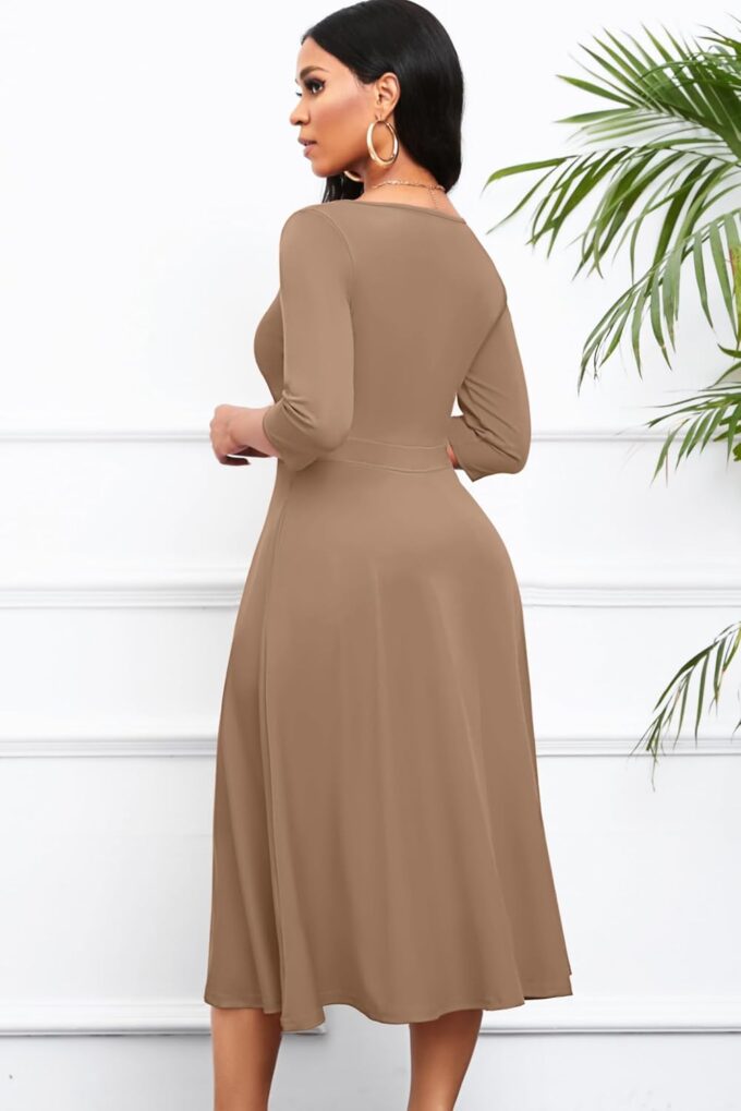 Nmoder Women's Casual Wrap Flared Midi Dress Wedding Guest Cocktail Tea Dresses A-Line Swing V-Neck 3/4 Sleeve – Bild 4