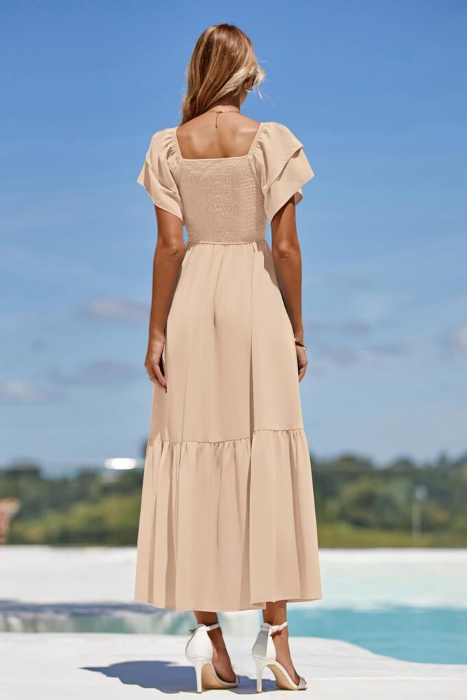 MASCOMODA Womens Summer Casual Midi Dress Square Neck Ruffle Short Sleeve Smocked High Waist A Line Wedding Guest Dresses – Bild 7