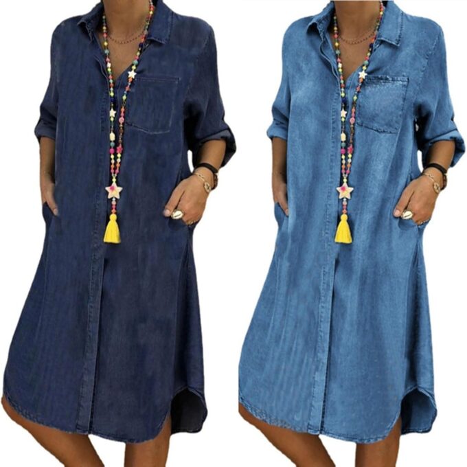 CHARTOU Women Long Sleeve Denim Button Up Shirt Dress Midi Jean Dress – Bild 3