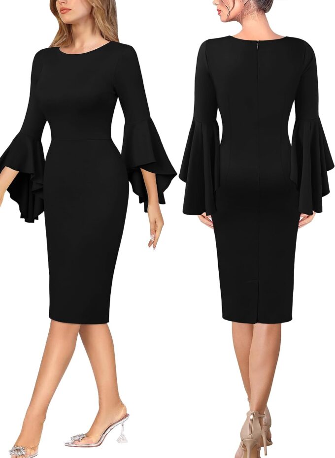 VFSHOW Damen-Bleistiftkleid mit Rüschen, Glockenärmel, Business, Cocktailparty, figurbetontes Bleistiftkleid – Bild 4