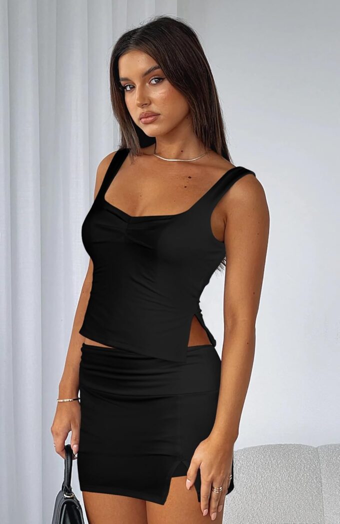 Skirt Sets Women 2 Piece Outfits - Sexy Two Pc Backless Tank Crop Top Pleated Mini Skirts Suits Dresses – Bild 2