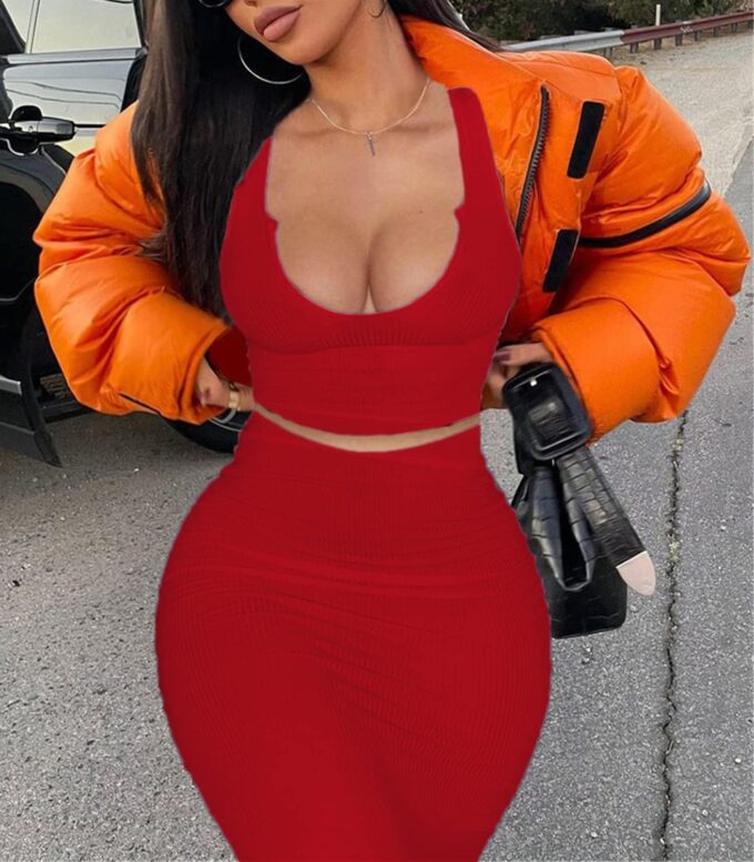 2 Piece Outfit Maxi Dress for Women, Summer Deep U Neck Sleeveless Tank Crop Tops Long Skirt Set Party Bodycon Dresses – Bild 3