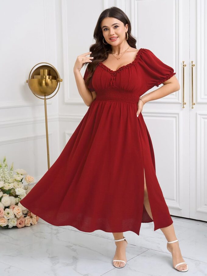 Womens Plus Size Dress Wedding Guest Cocktail Short Sleeve Stringy Selvedge V Neck Slit A Line Flowy Maxi Dresses – Bild 6