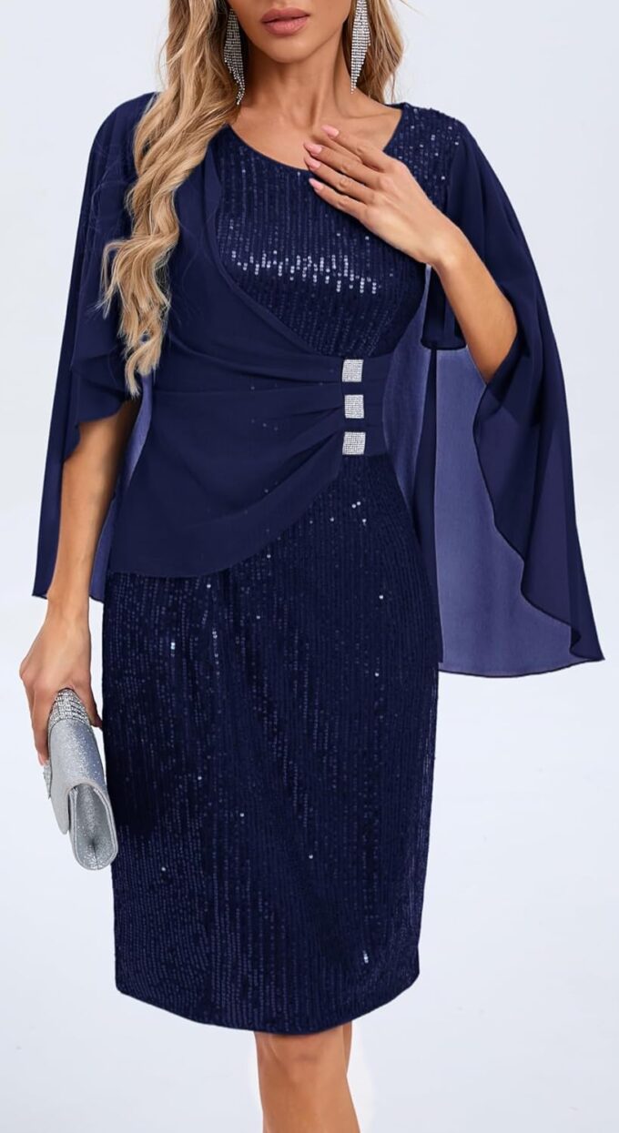 Womens Sequin Cocktail Party Dress Elegance Chiffon Midi Dresses Cape Sleeve Bodycon Dress with Ruffle Asymmetrical Over – Bild 4