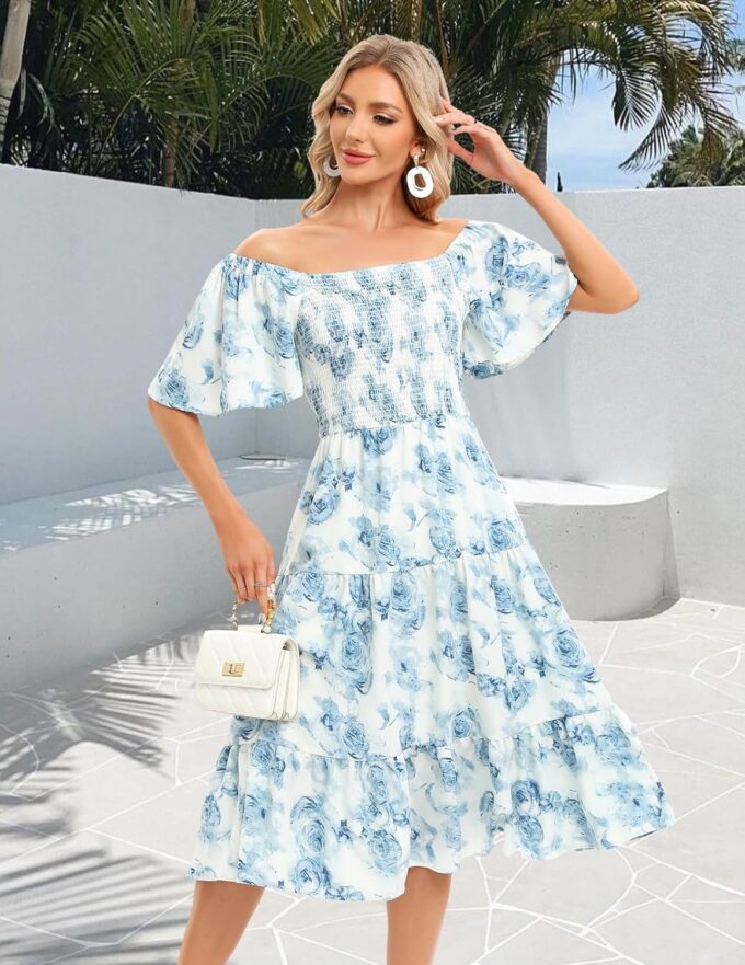 Bbonlinedress Womens Casual Floral Summer Smocked Beach Party Boho Midi Square Neck Dress – Bild 4