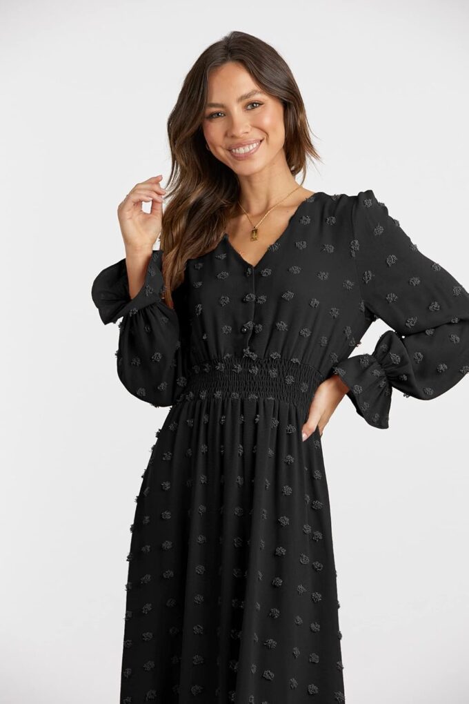 MASCOMODA Women Maxi Dress 2025 Fall Long Sleeve V Neck Swiss Dot Boho Smocked High Waisted A-Line Tiered Flowy Long Dresses – Bild 4
