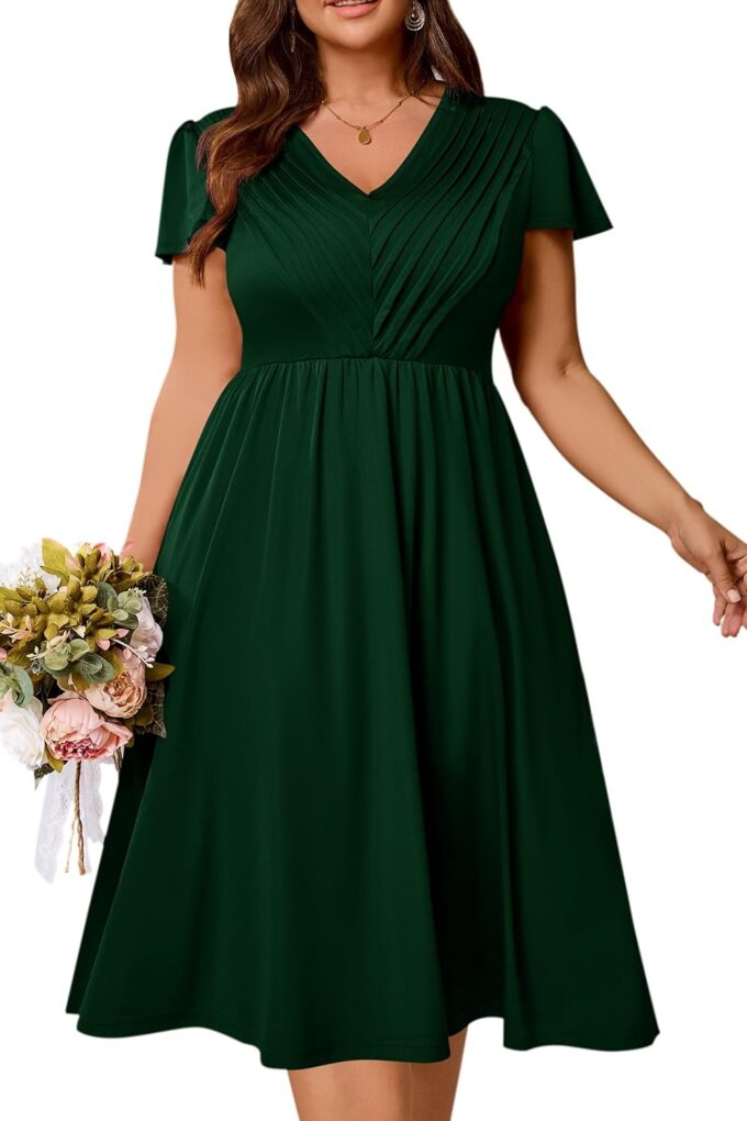 Nmoder Women Plus Size Dress Short Sleeve A-Line Summer Midi Dress Pleated V Neck Church Cocktail Semi Formal Dress