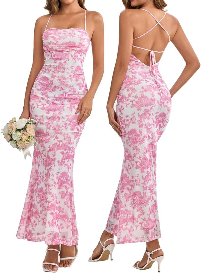 Women's Summer Floral Maxi Dress Square Neck Mesh Ruched Bodycon Formal Wedding Guest Long Dresses