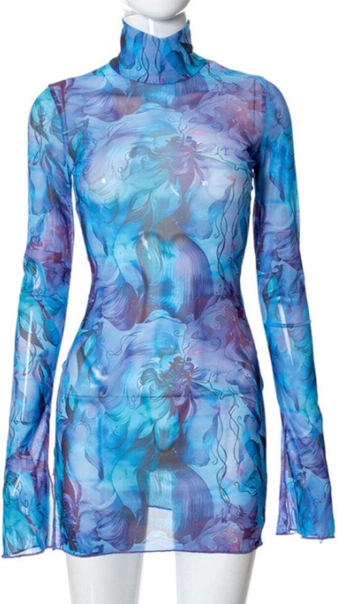 Women’s Floral Tie Dye Sheer Mesh Mini Dress Sexy Mock Neck Split Bodycon Flared Long Sleeve Beach Party Dress – Bild 2