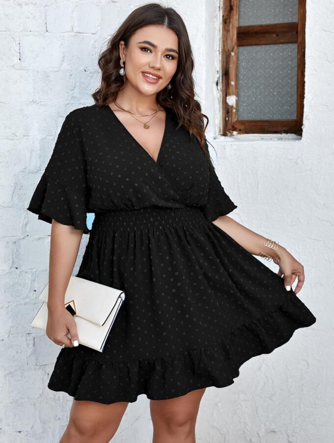 SCOMCHIC Plus Size Casual Summer Dress for Women Swiss Dot Wrap V Neck Ruffle Sleeve Smock Boho Mini Dress – Bild 4
