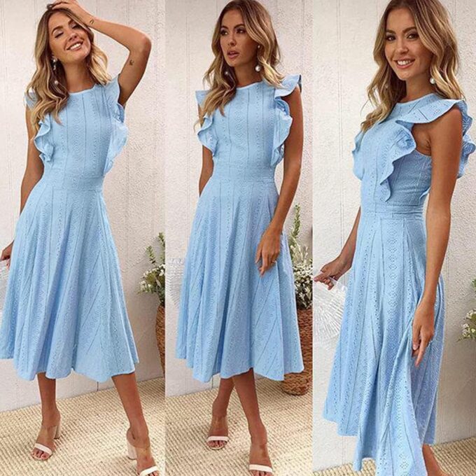 ECOWISH Women's Summer Dresses 2025 Elegant Lady Wedding Guest Cocktail Ruffle Cap Sleeves A-Line Office Midi Dress – Bild 6