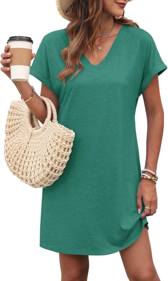 MISFAY Women Summer T Shirt Dresses 2025 Casual Short Sleeve Sundress V Neck Loose Tank Short Dress Vacation Outfits
