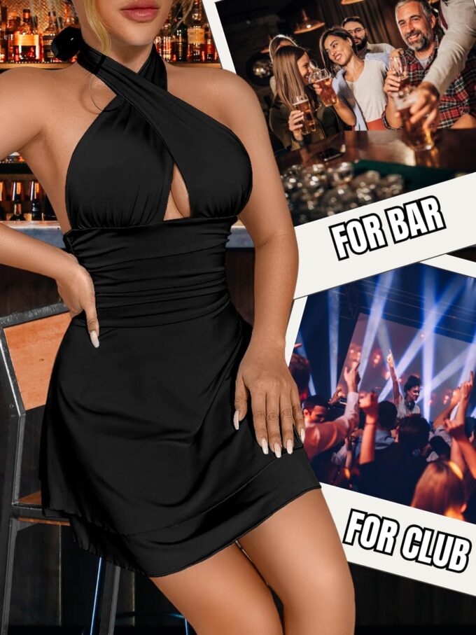 Womens Sexy Mini Backless Dress, Party Club Cocktail Outfits, Criss Cross Halter Cut Out Short Dresses – Bild 5