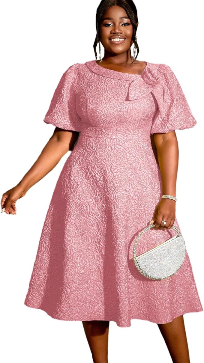 AOMEI Women's Irregular Neck with Flower Short Puff Sleeve High Waist A-Line Jacquard Dress