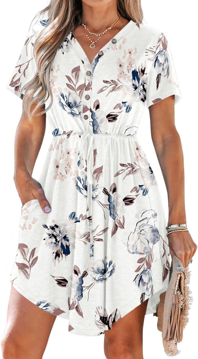 MISFAY Women Summer Dress Casual V Neck Short Sleeve Drawstring 2025 Mini Dresses with Pocket