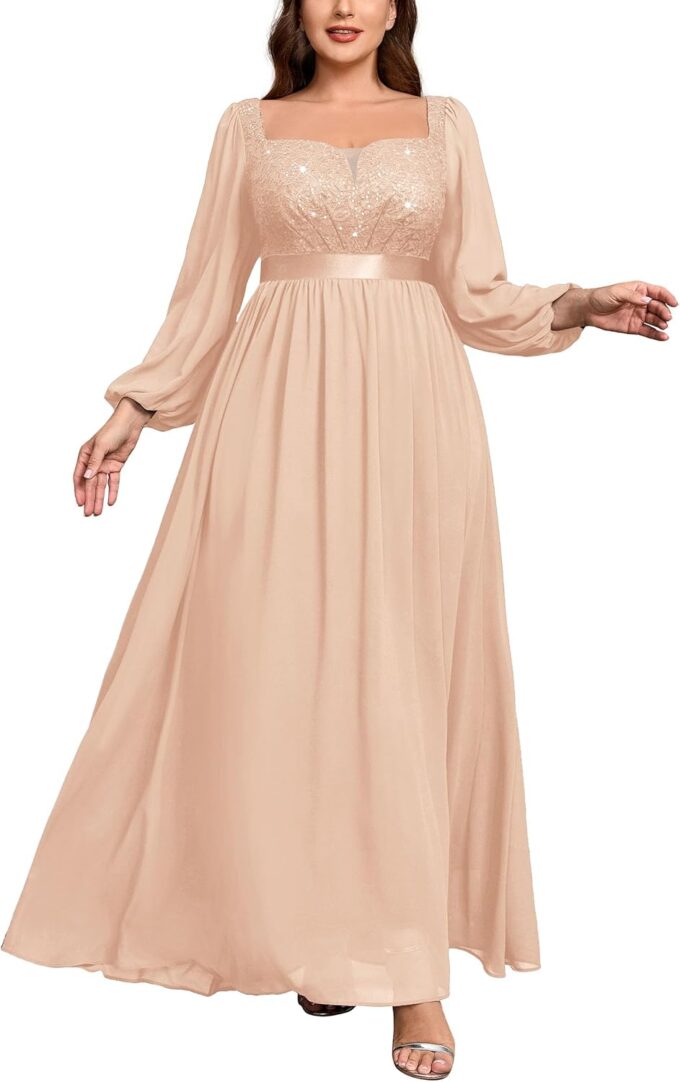 MISSMAY Women's Plus Size Sequin Lace Square V Neck Sheer Long Sleeves Formal Evening Chiffon Long Dress