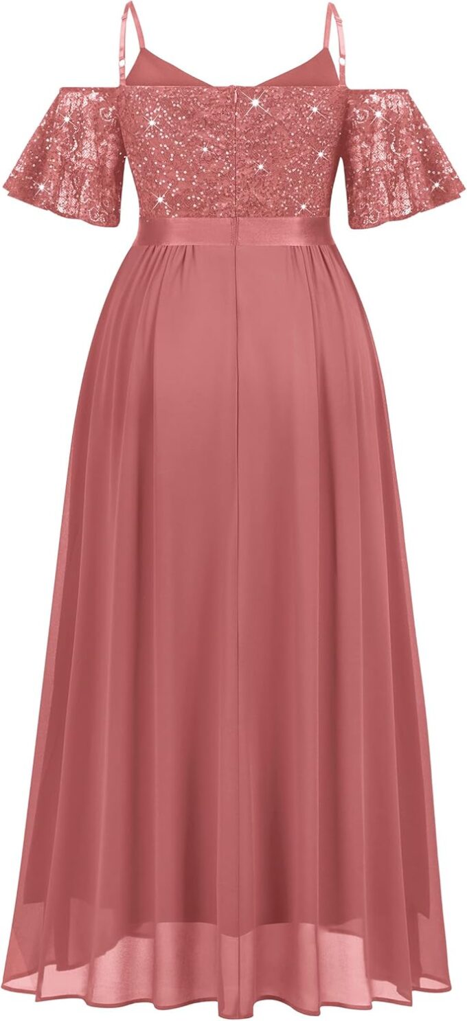 MISSMAY Women's Plus Size Sequins Lace Off Shoulder Short Sleeves Slit Formal Wedding Guest Chiffon Long Dress – Bild 6