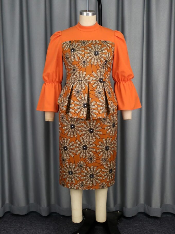 AOMEI Damen Vintage Blumendruck Hoher Ausschnitt Midi Arbeitskleid Verstecken Bauch Lange Glockenärmel Büro Business Bodycon Kleider – Bild 5