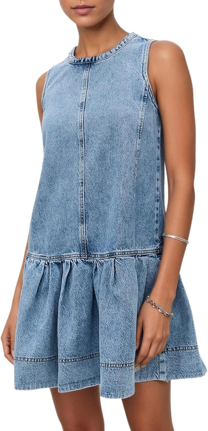 Women's Denim Mini Dress Sleeveless Drop Waist Ruffle Hem Summer Cute Tank Short Dress