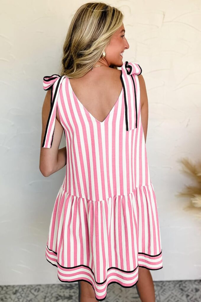 Acelitt Womens Summer Sleeveless Striped Dresses Casual Loose V Neck Flowy Ruffle Babydoll Dress Beach Vacation Sundress – Bild 3