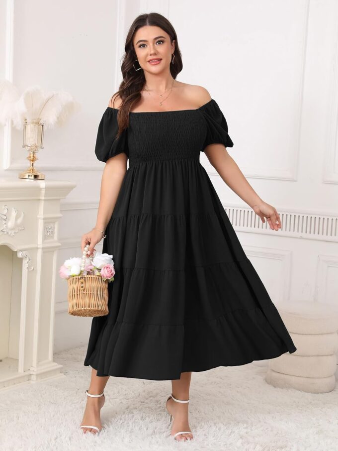 Womens Plus Size Casual Dress Short Puff Sleeve Square Neck Smocked Tiered Summer A Line Flowy Long Maxi Dresses – Bild 3