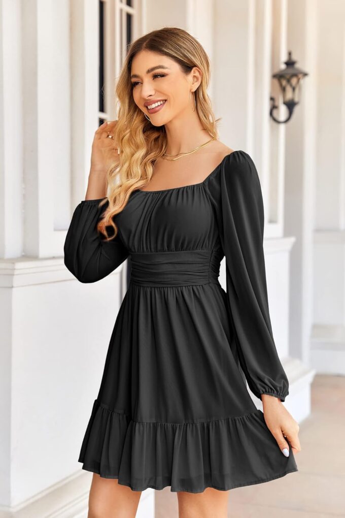 Wenrine Women's Mesh Long Sleeve Square Neck Dress High Waist A Line Ruffle Hem Flowy Casual Party Mini Dress – Bild 3