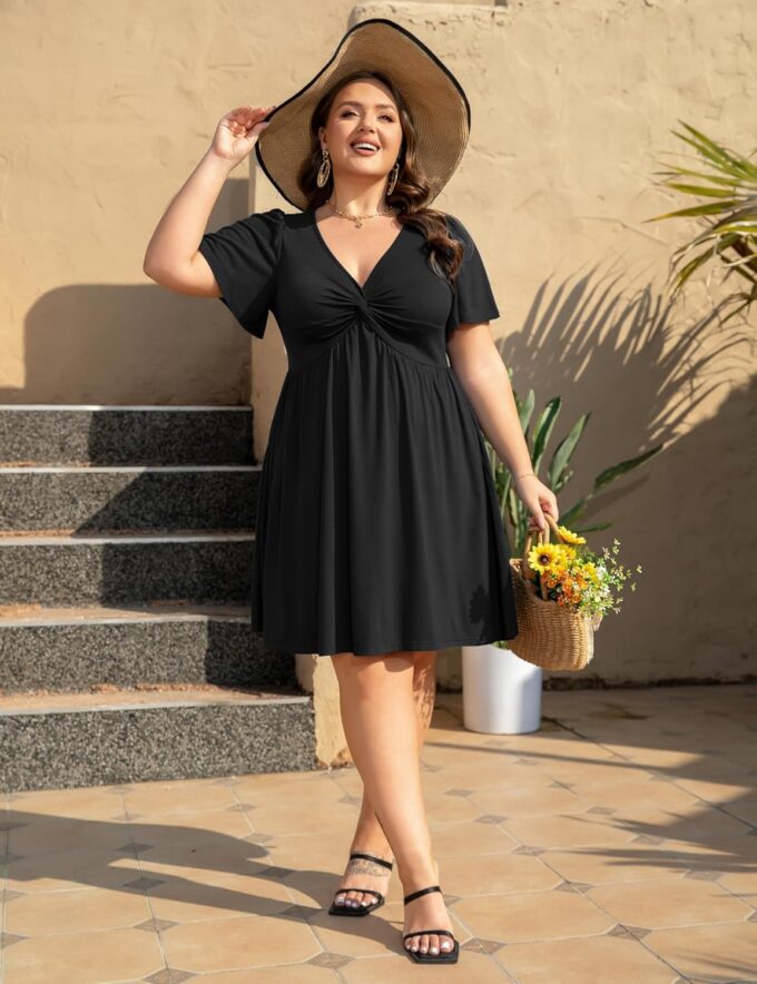 Womens Plus Size Summer Dress Casual Short Sleeves Deep V Neck Twist Knot Front Flowy Dress with Pockets – Bild 2