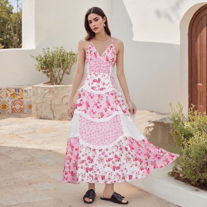 Women Floral Flowy Maxi Dress Lace Patchwork Boho Y2K Long Dress Cute Spaghetti Strap V Neck Low Cut Beach Sundress – Bild 3