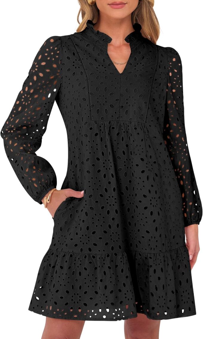 Caracilia Long Sleeve Dress for Women V Neck Hollow Out Eyelet Casual Fall Boho Flowy Swing Tiered Mini Vacation Dresses