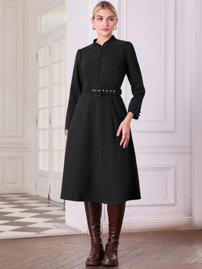 Hobemty Damen Vintage A-Linie Kleid Stehkragen Langarm Gürtel Arbeit Flare Kleider – Bild 2