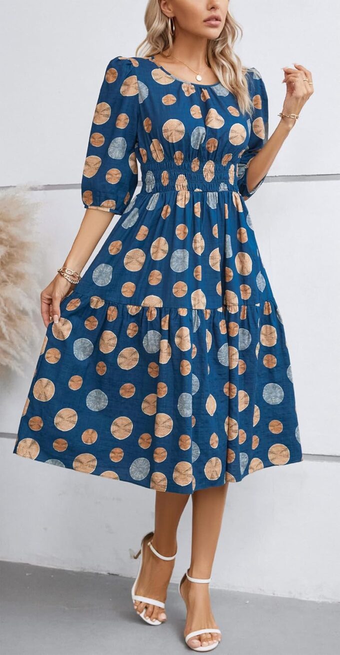 Kormei Women Casual Boho Floral Round Neck 3/4 Sleeve Smocked Waist Tiered A Line Flowy Swing Midi Dress Long Dresses – Bild 2