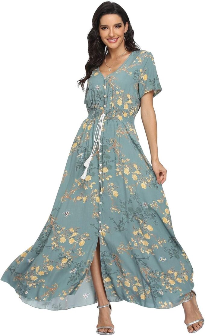 VintageClothing Women's Floral Maxi Dresses Boho Button Up Split Summer Casual Long Dress Beach Party Dress – Bild 2