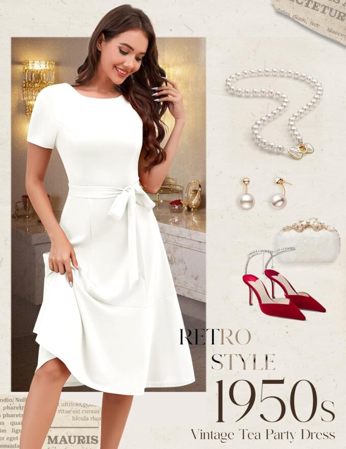 Bbonlinedress Womens Short Sleeve Wedding Guest Dresses Cocktail Vintage Party Church Formal A-Line Midi Dress with Belt – Bild 5