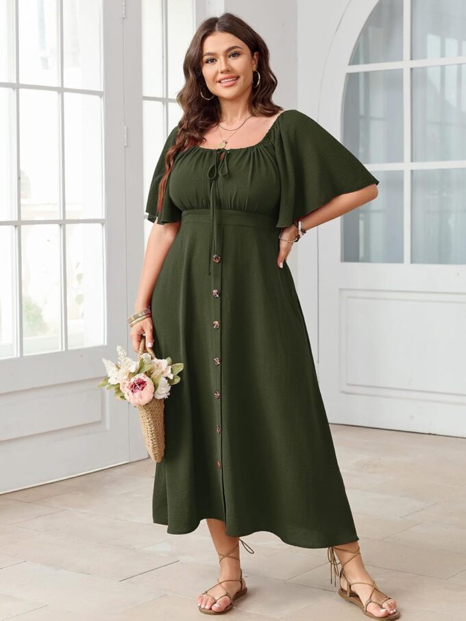 Plus Size Summer Dress Short Sleeve Square Neck Tie Front Smocked Button Down Flowy A-line Boho Maxi Long Dresses – Bild 5