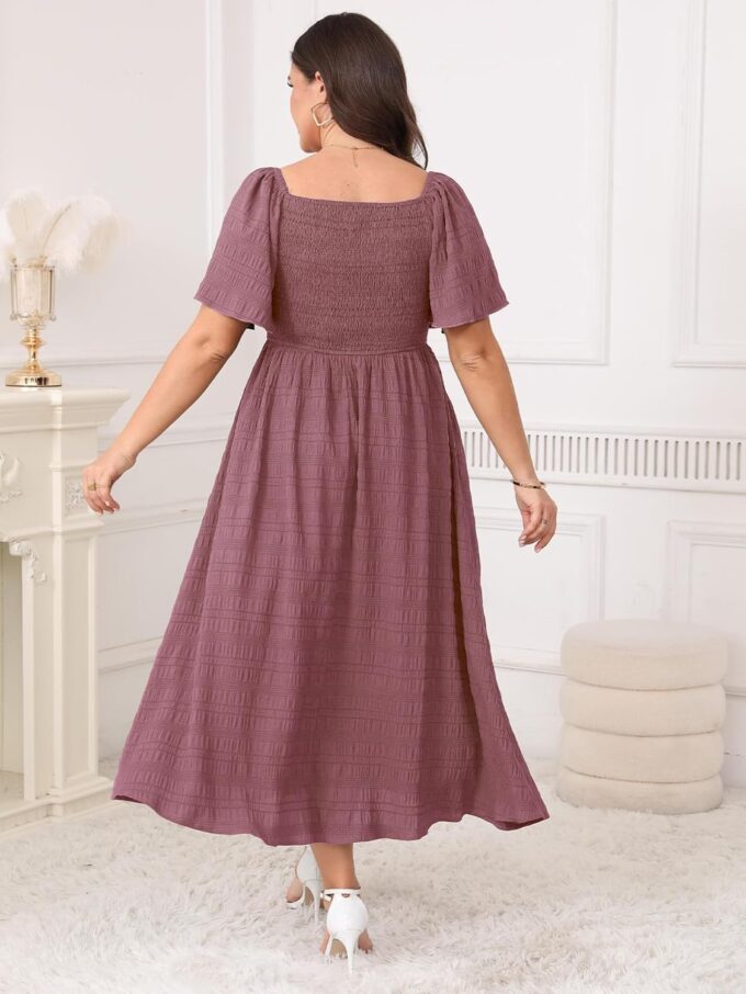 Womens Plus Size Maxi Boho Beach Sundress Short Sleeve Square Neck Smocked Button Down Flowy Casual Summer Dresses – Bild 3