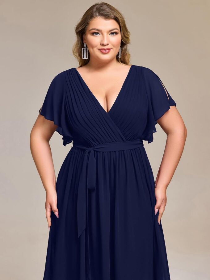 Ever-Pretty Women's Chiffon V Neck Short Sleeves Tie Waist Pleated Knee Length Plus Size Cocktail Wedding Guest Dresses – Bild 5